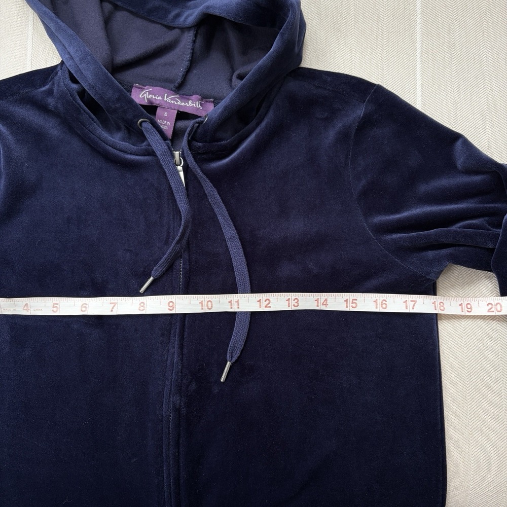Women's Navy Blue Velvet Velour Hoodie Sz S Full Zip Sweatshirt Track Jacket - Picture 13 of 16